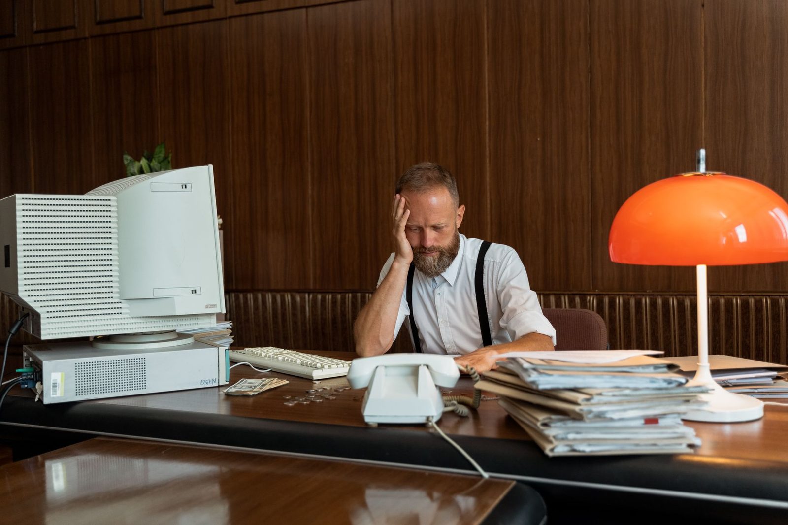 A person sitting at a desk covered in paperwork with a hand to their head