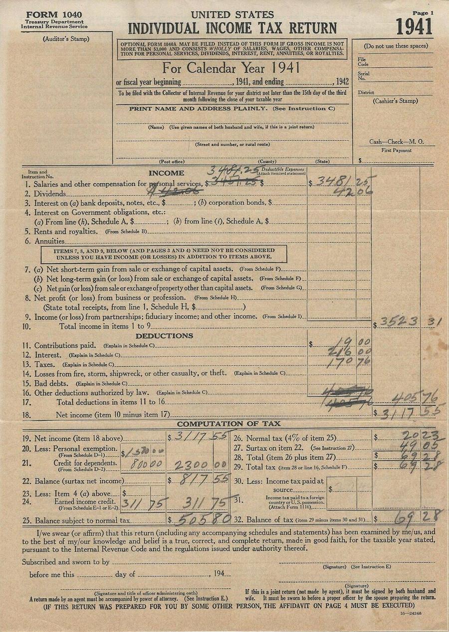 A scan of the 1941 United States Individual Income Tax Return, Form 1040