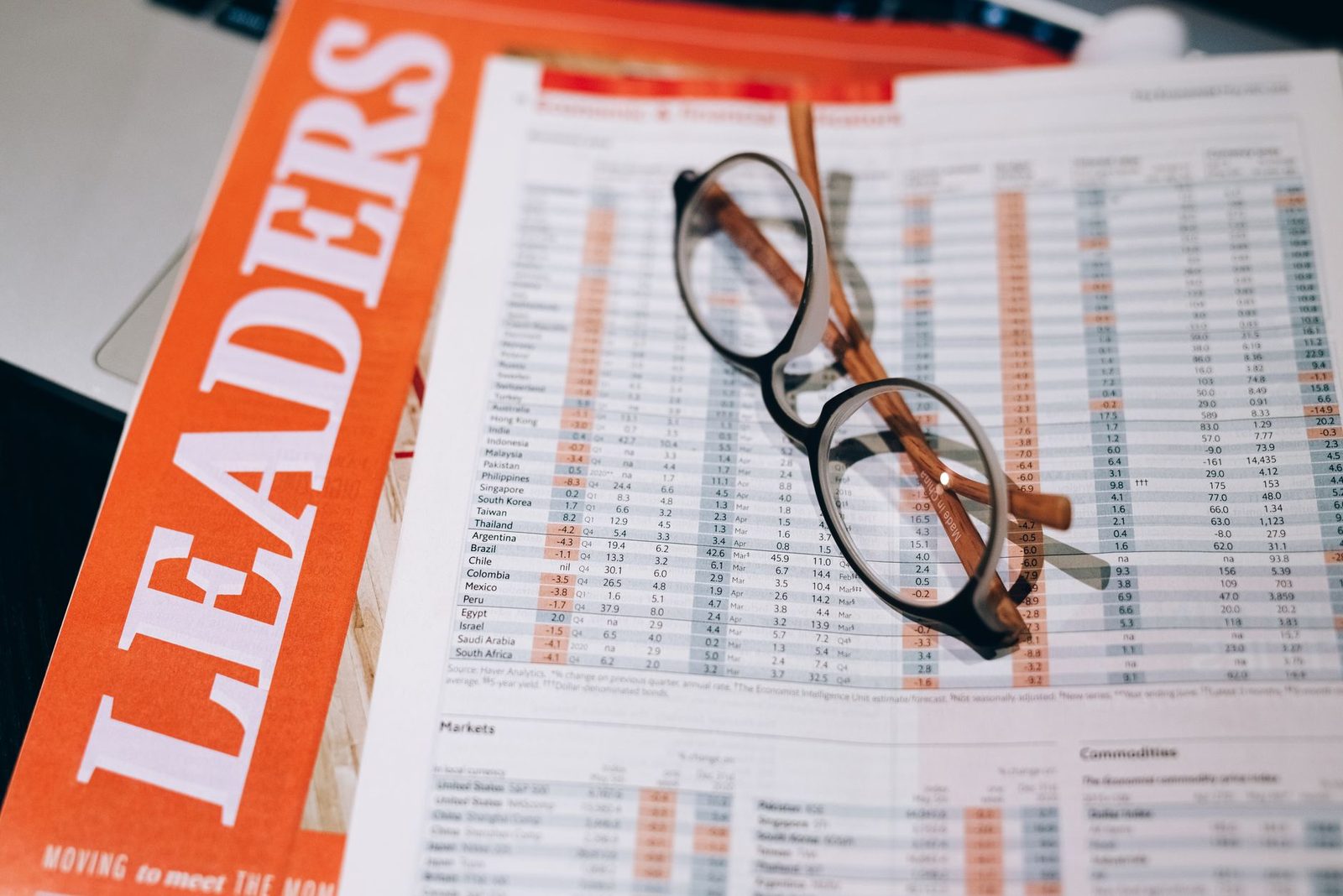 A pair of glasses resting on a printed page of stock listings