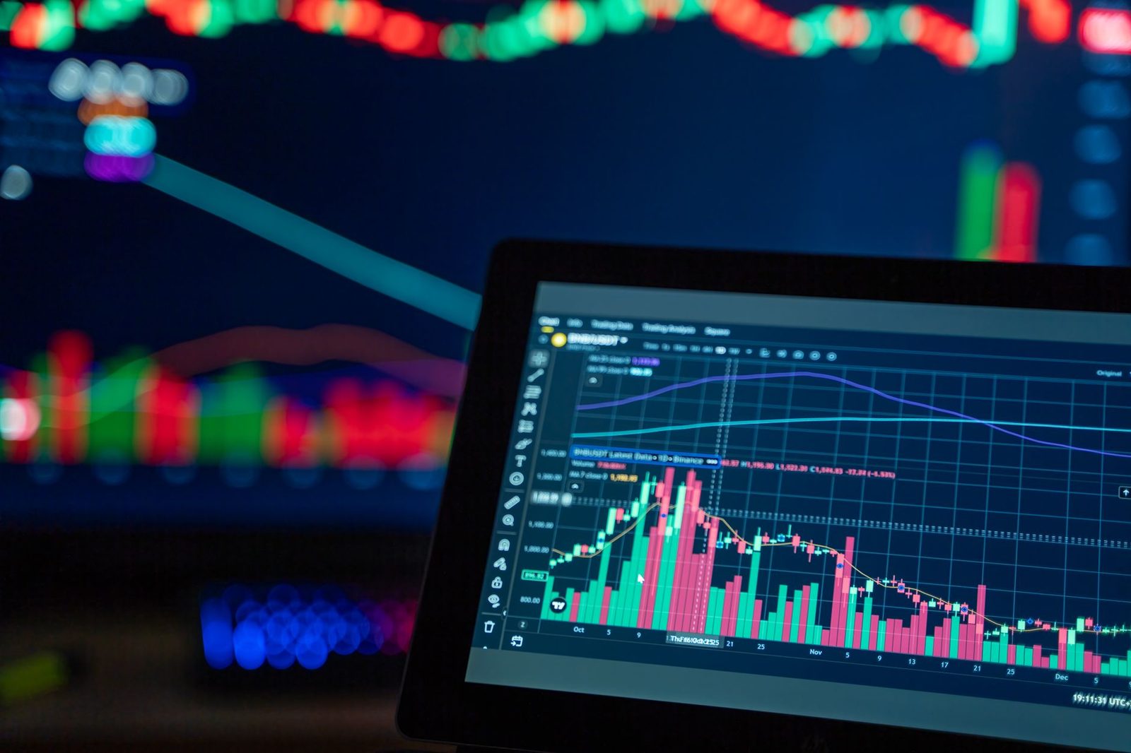 Financial charts displayed across a dark screen