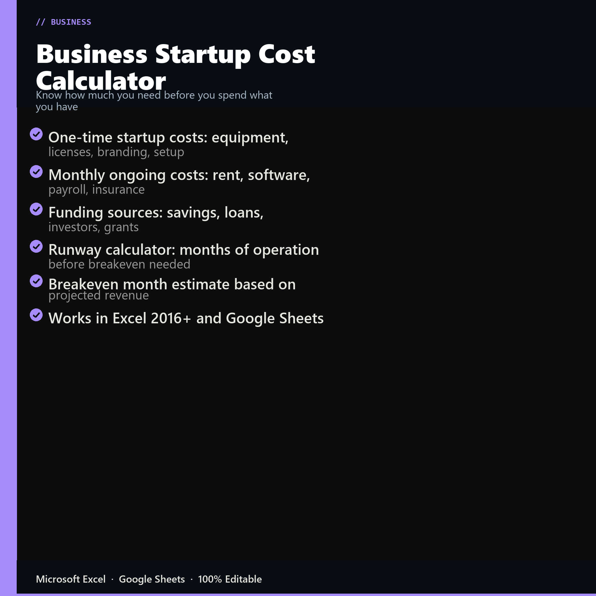 Business Startup Cost Calculator features overview